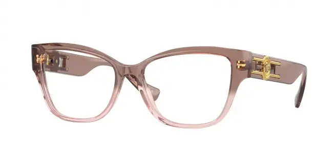 Versace 0VE3347 stylish cat-eye eyeglasses in translucent pink with distinctive gold accents.