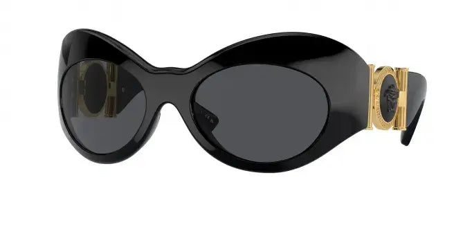 Versace 0VE4462 chic black sunglasses with a stylish gold logo detail on the side. Perfect for luxury fashion lovers.